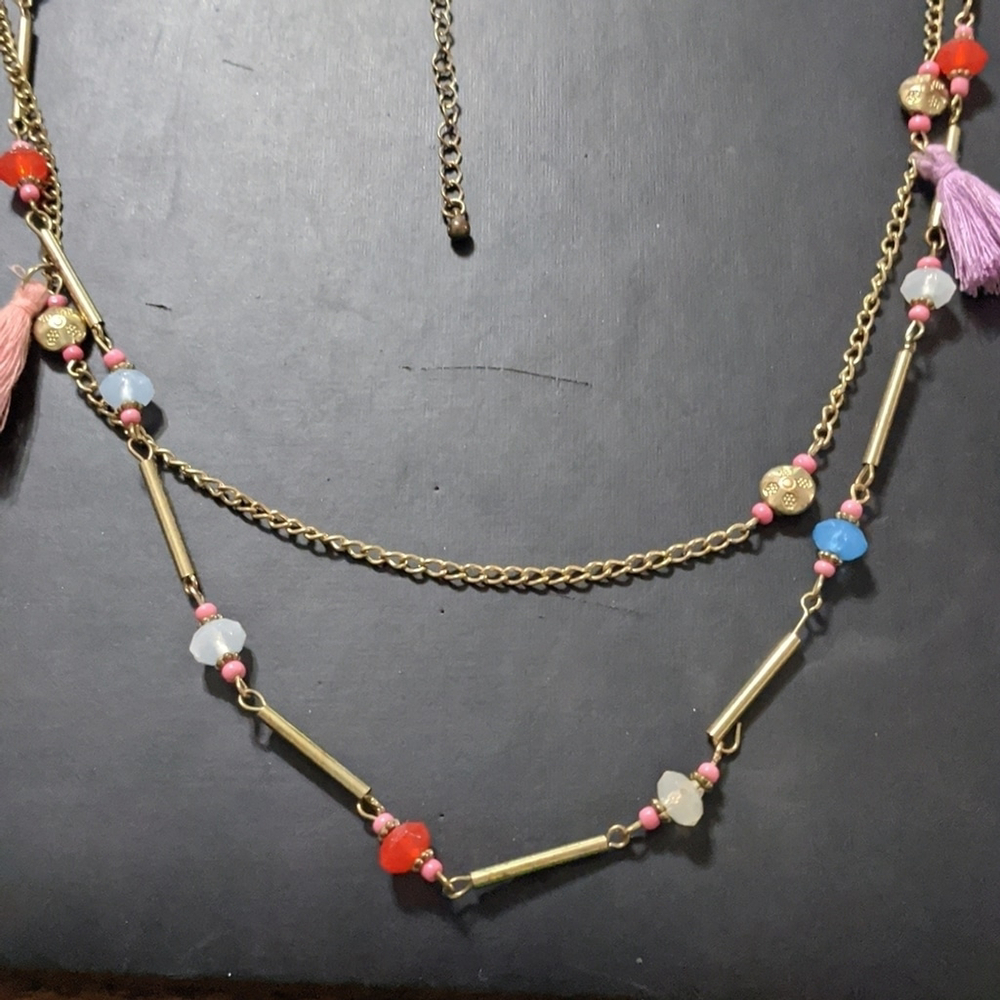 Gold Tone Silk Tassel and Crystal Bead Double Strand Statement Necklace - Picture 6 of 6